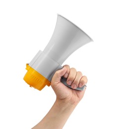 Woman holding megaphone speaker on white background, closeup