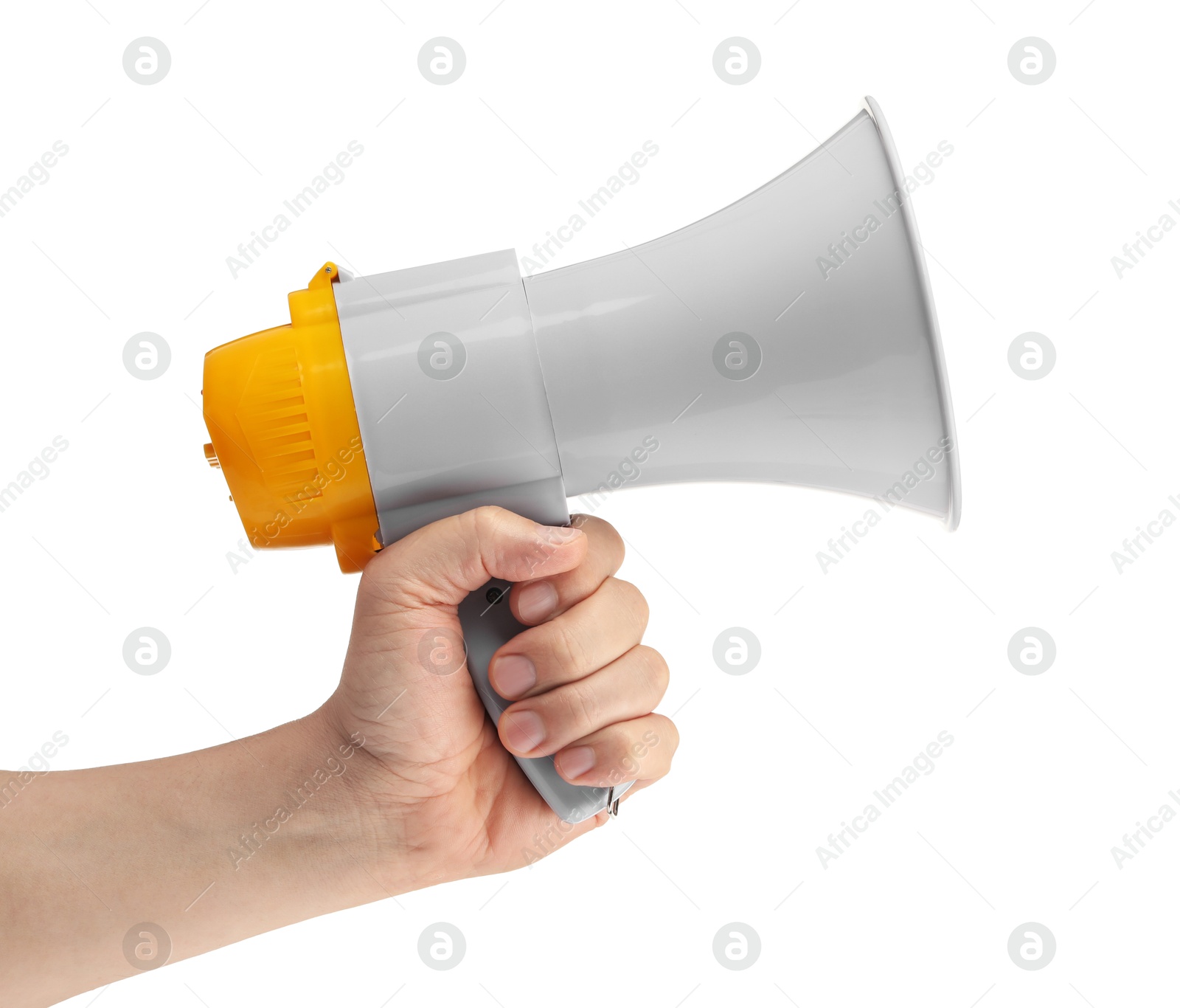 Photo of Woman holding megaphone speaker on white background, closeup