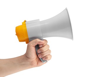 Photo of Woman holding megaphone speaker on white background, closeup