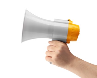 Woman holding megaphone speaker on white background, closeup