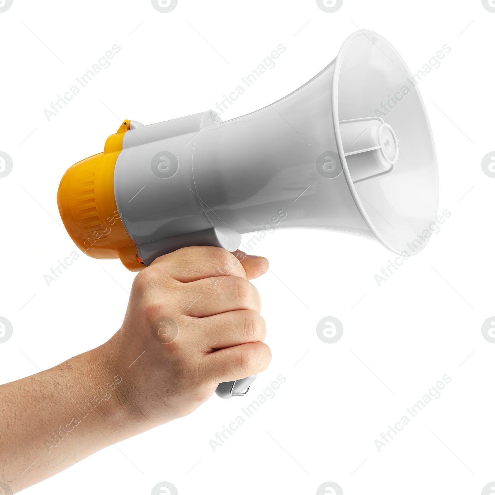 Photo of Woman holding megaphone speaker on white background, closeup