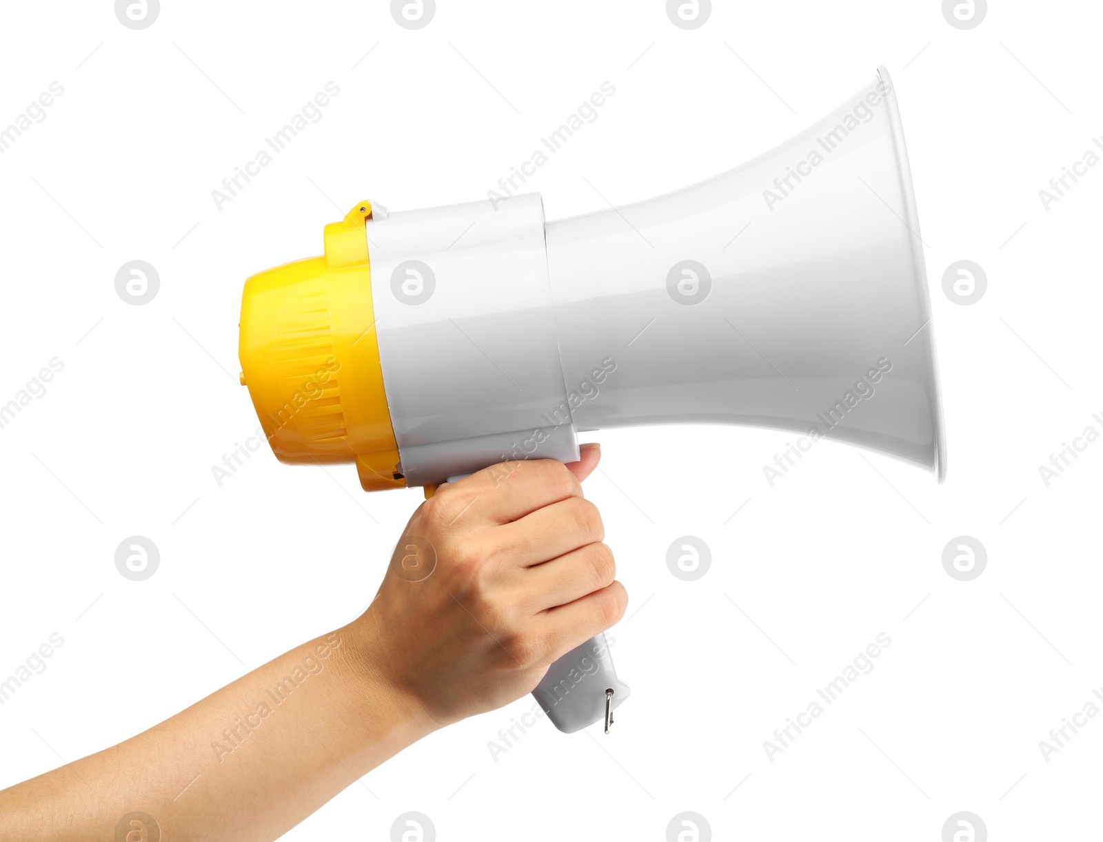 Photo of Woman holding megaphone speaker on white background, closeup