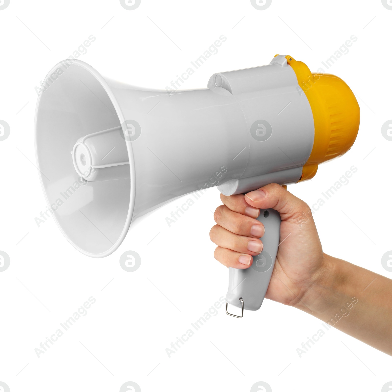 Photo of Woman holding megaphone speaker on white background, closeup