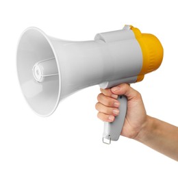 Photo of Woman holding megaphone speaker on white background, closeup