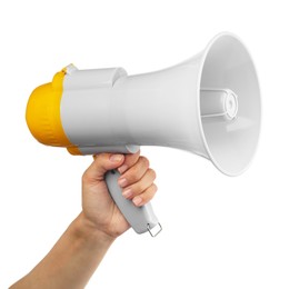 Photo of Woman holding megaphone speaker on white background, closeup