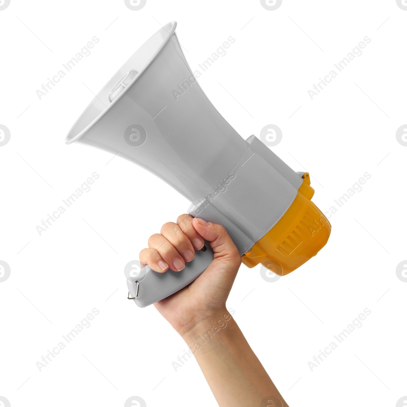 Photo of Woman holding megaphone speaker on white background, closeup