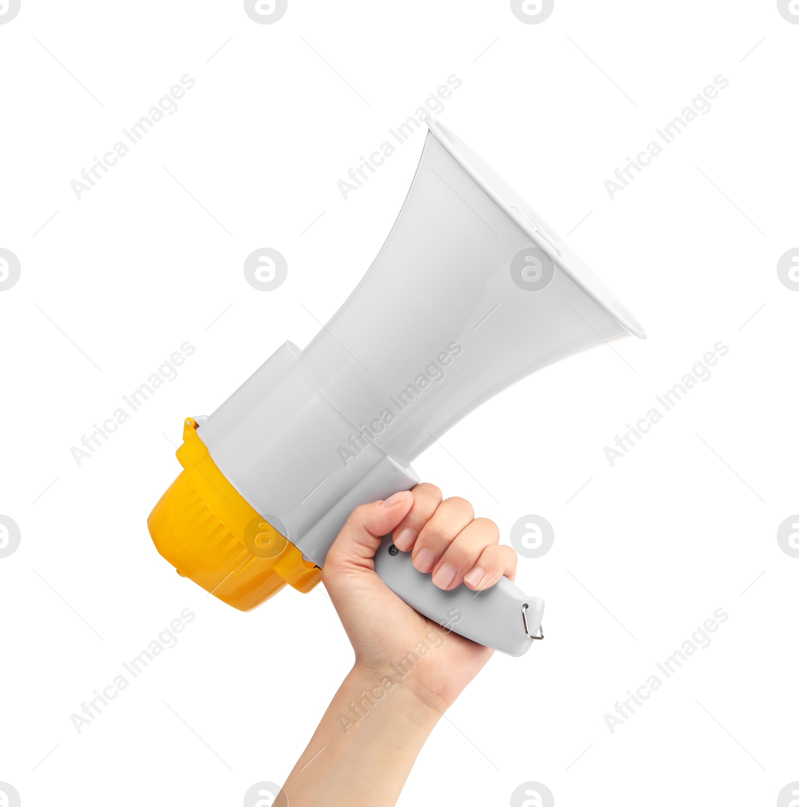 Photo of Woman holding megaphone speaker on white background, closeup