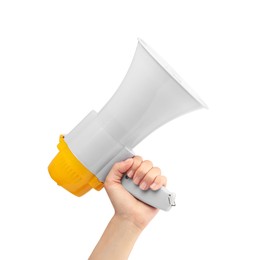 Photo of Woman holding megaphone speaker on white background, closeup