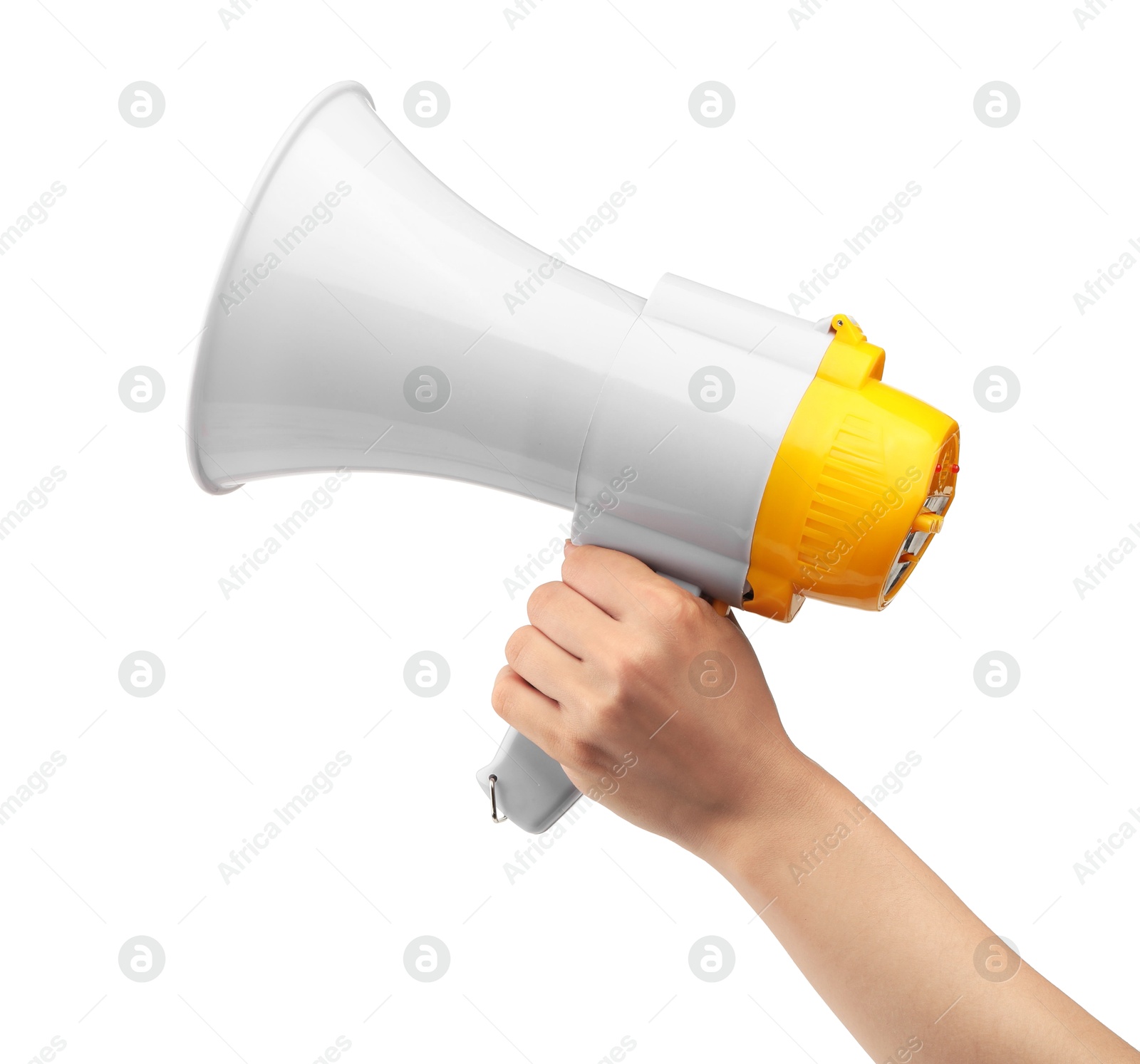 Photo of Woman holding megaphone speaker on white background, closeup