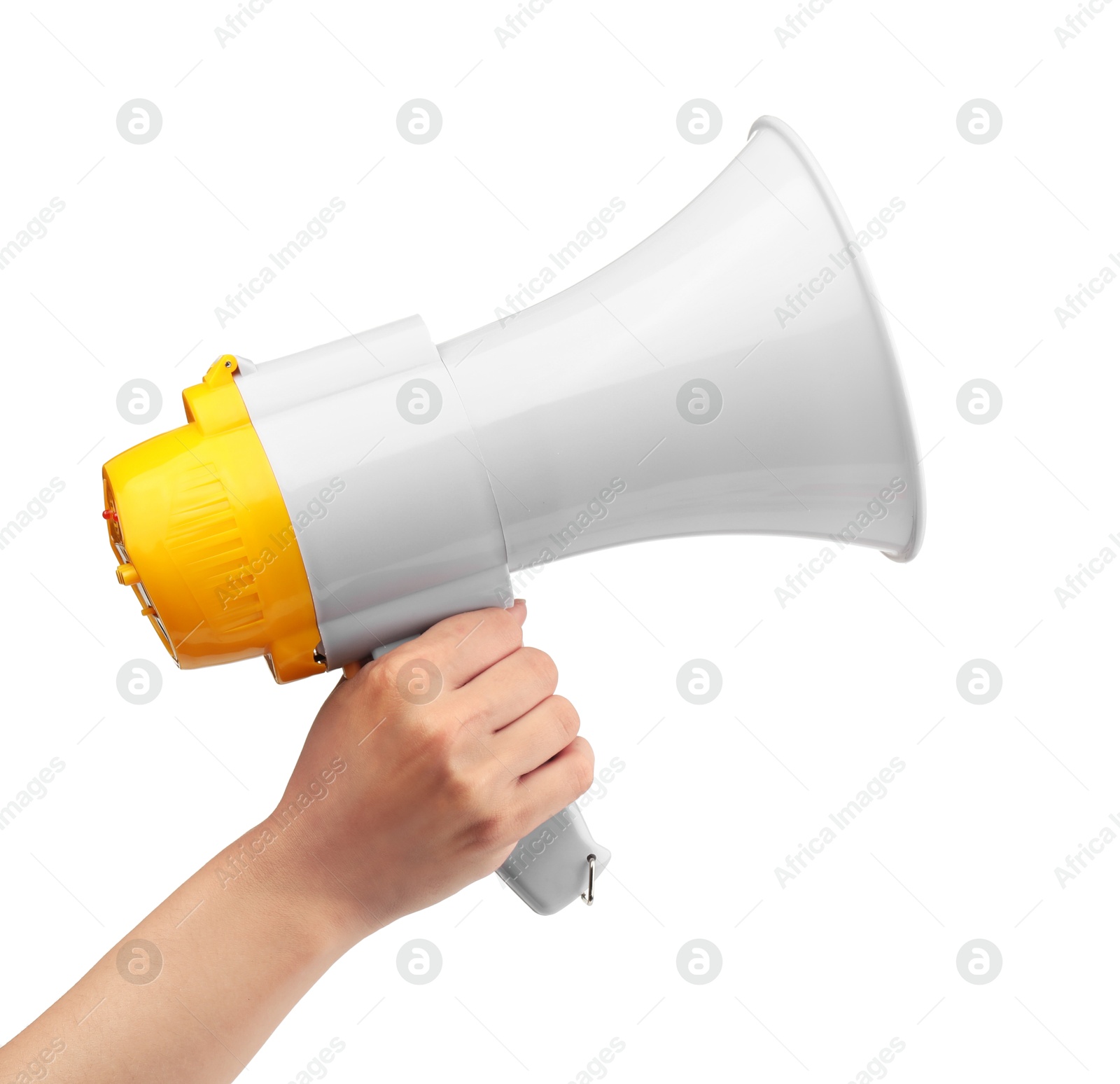 Photo of Woman holding megaphone speaker on white background, closeup