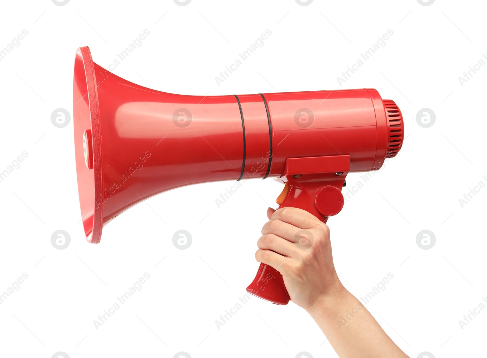 Photo of Woman holding megaphone speaker on white background, closeup