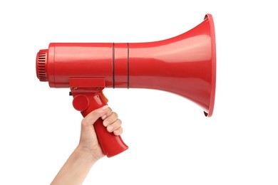 Photo of Woman holding megaphone speaker on white background, closeup