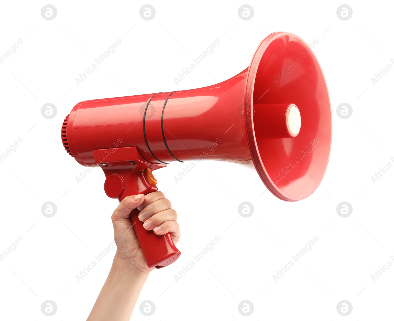 Photo of Woman holding megaphone speaker on white background, closeup