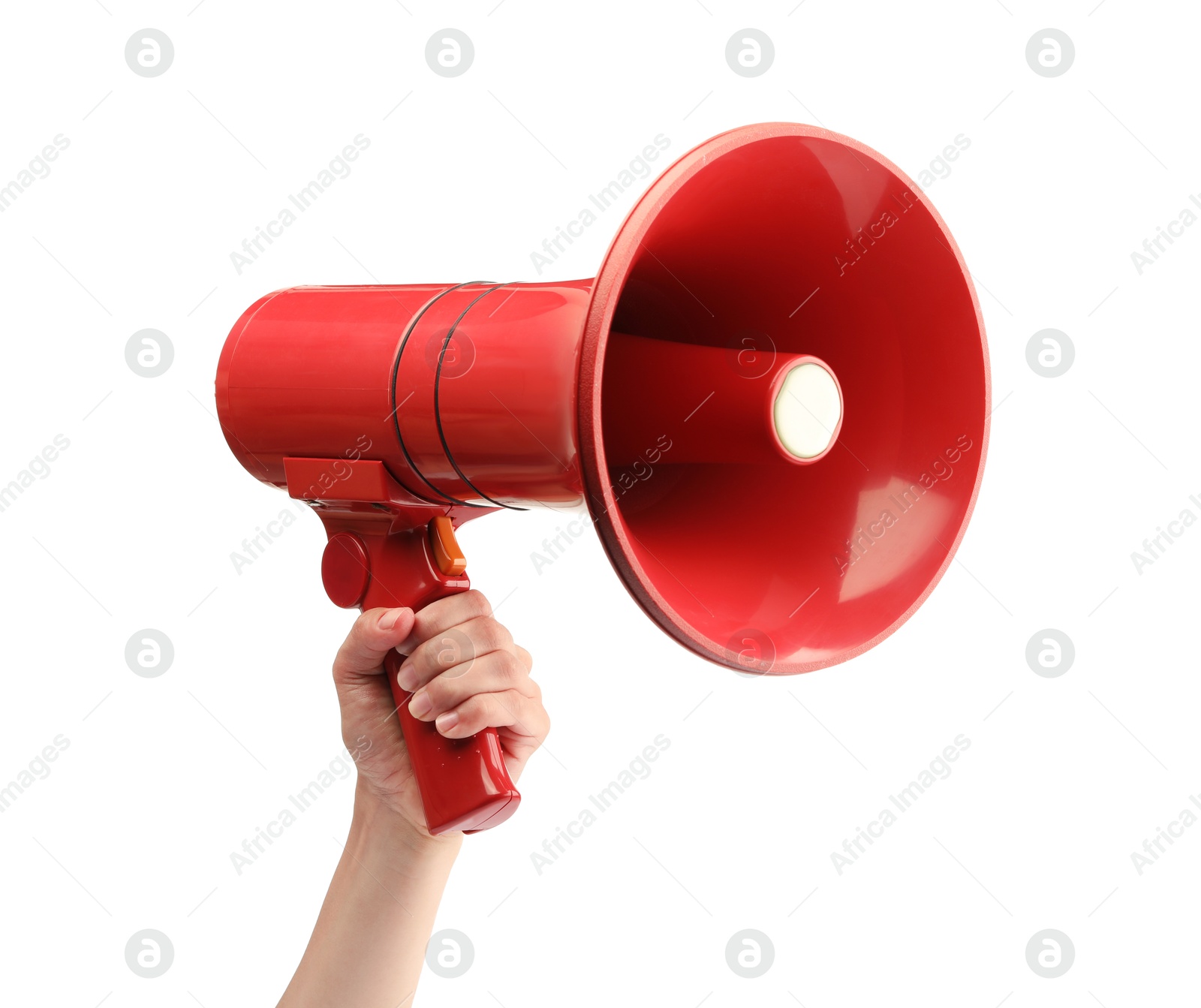 Photo of Woman holding megaphone speaker on white background, closeup