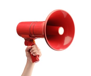 Photo of Woman holding megaphone speaker on white background, closeup