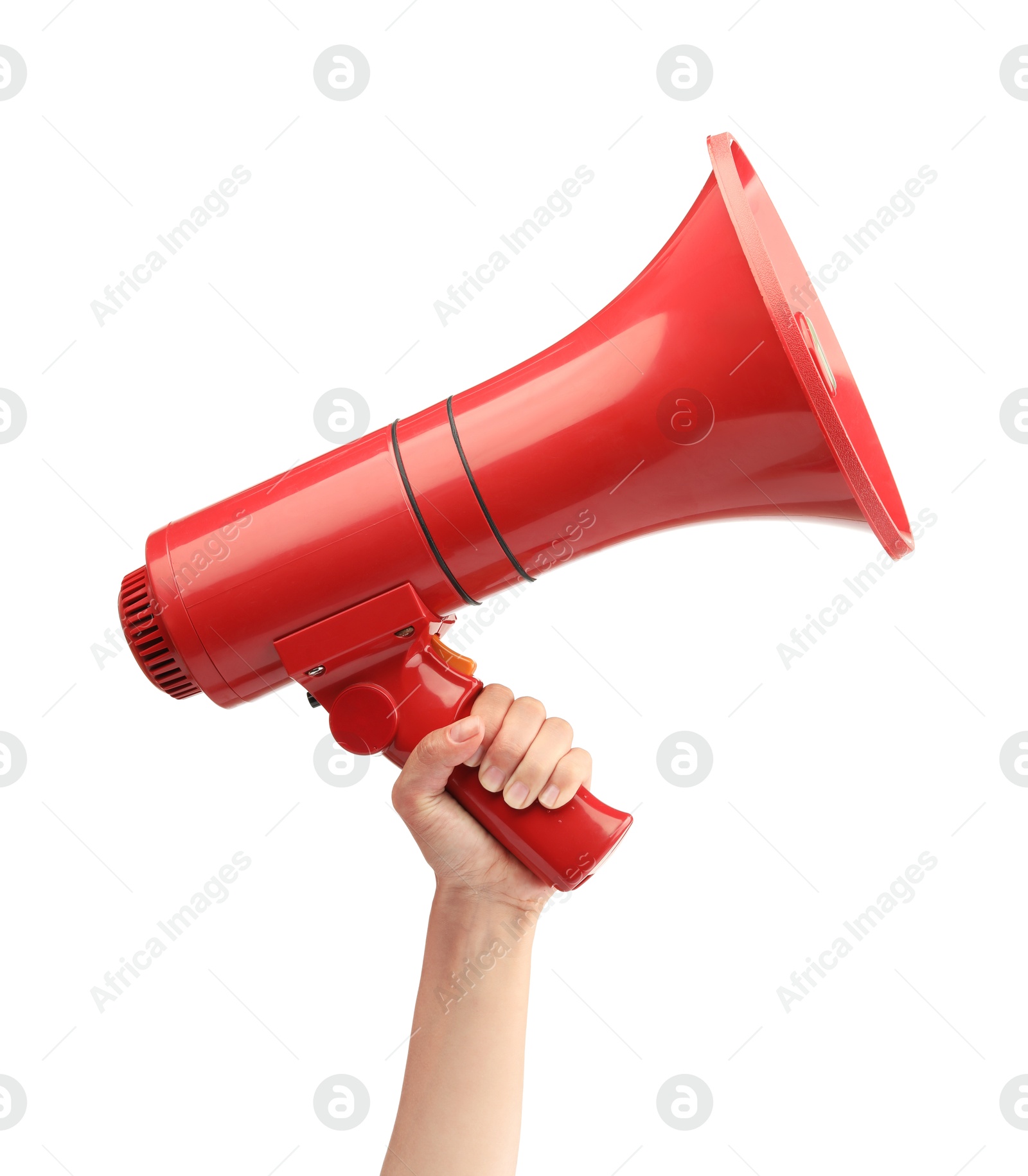 Photo of Woman holding megaphone speaker on white background, closeup