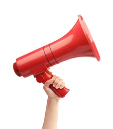 Photo of Woman holding megaphone speaker on white background, closeup