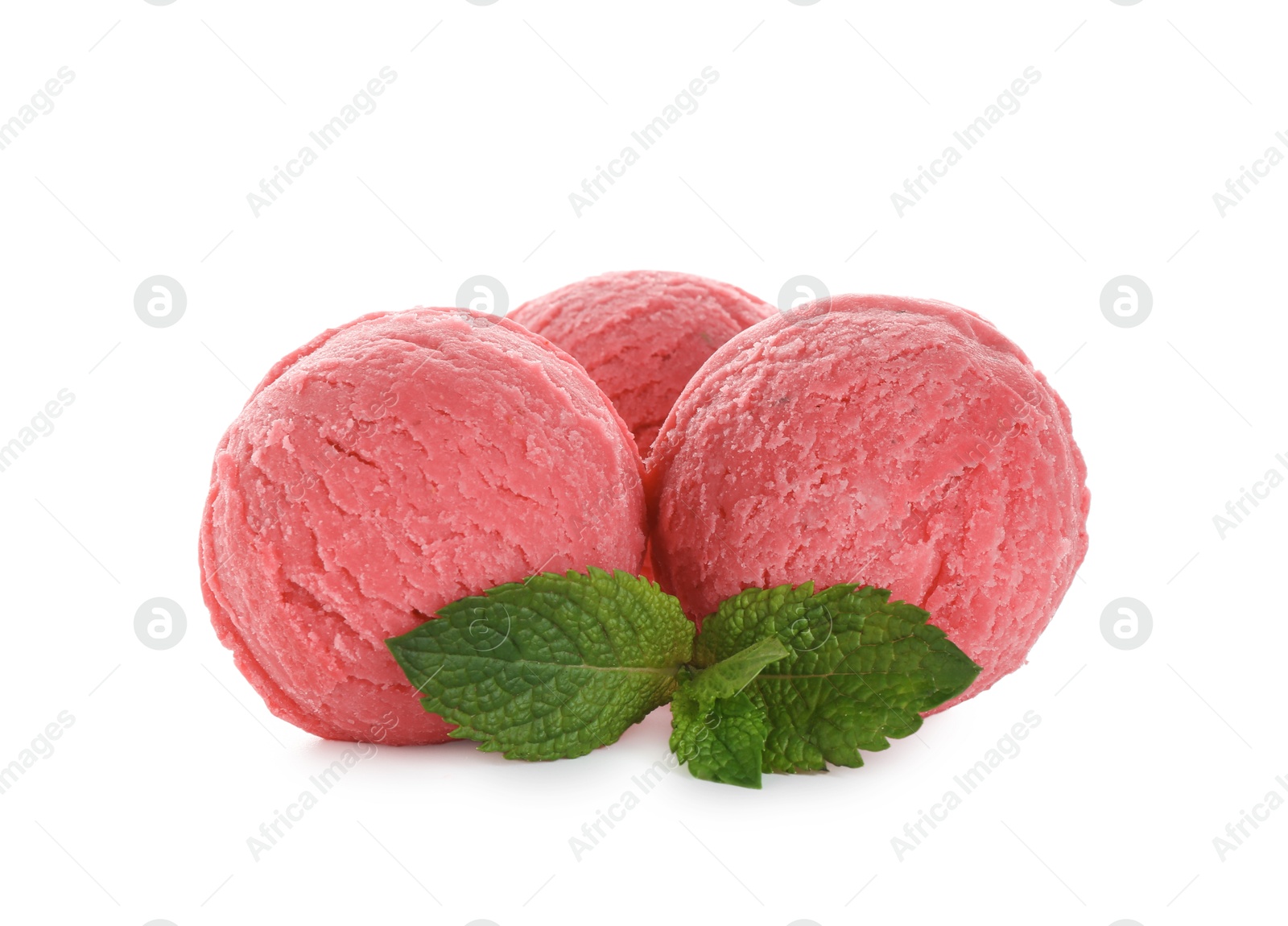 Photo of Scoops of tasty watermelon sorbet and mint isolated on white