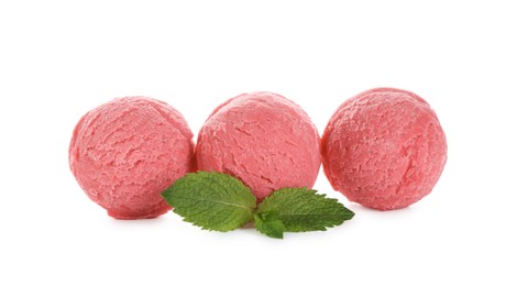 Photo of Scoops of tasty watermelon sorbet and mint isolated on white