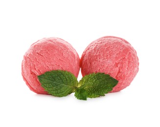 Scoops of tasty watermelon sorbet and mint isolated on white