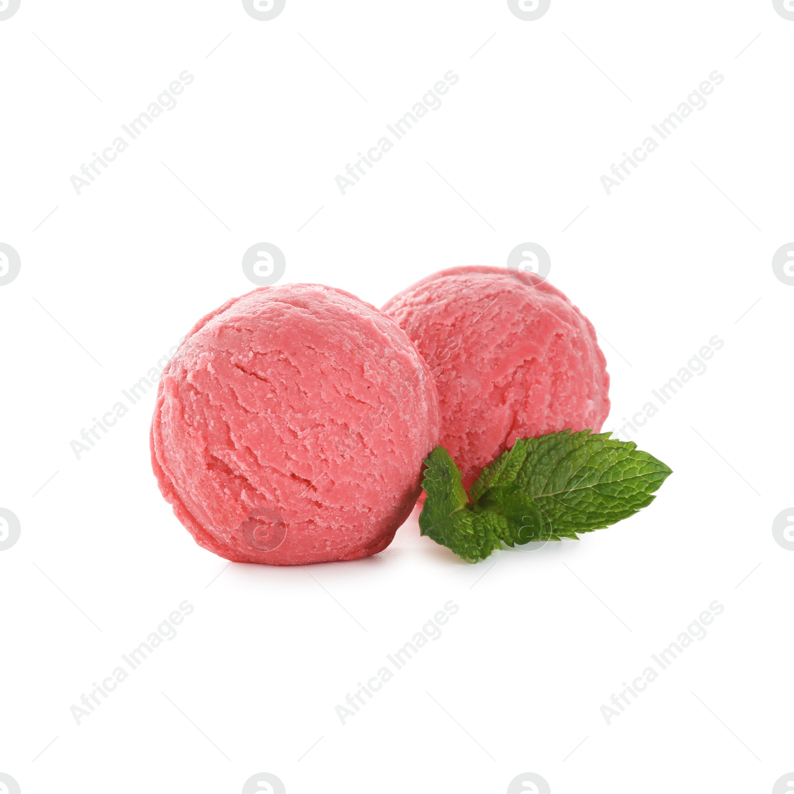 Photo of Scoops of tasty watermelon sorbet and mint isolated on white