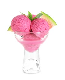 Photo of Scoops of tasty watermelon sorbet, fresh fruit and mint in glass dessert bowl isolated on white