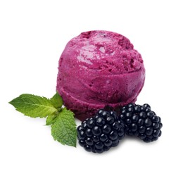 Photo of Delicious blackberry sorbet, mint and fresh berries isolated on white