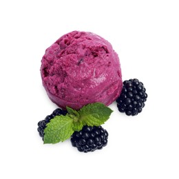 Delicious blackberry sorbet, mint and fresh berries isolated on white, top view