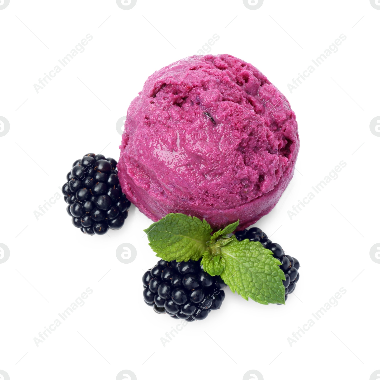 Photo of Delicious blackberry sorbet, mint and fresh berries isolated on white, top view