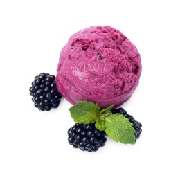 Photo of Delicious blackberry sorbet, mint and fresh berries isolated on white, top view