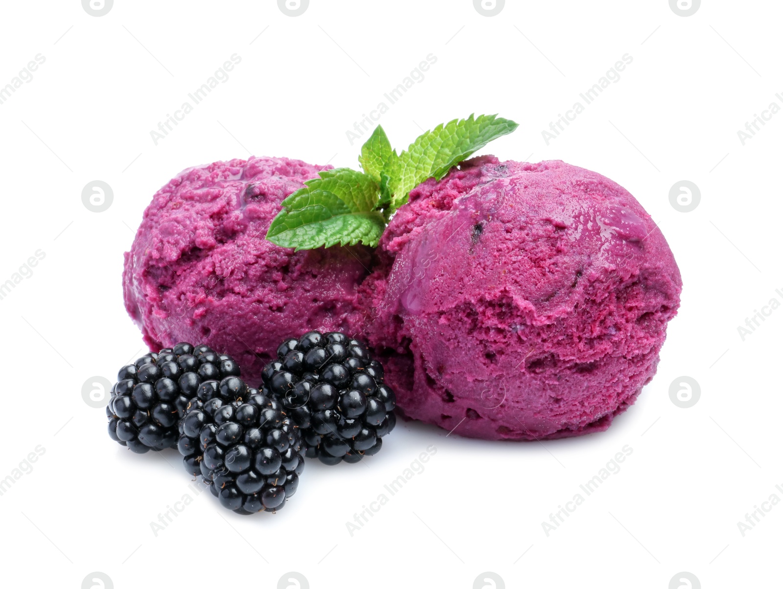 Photo of Delicious blackberry sorbet, mint and fresh berries isolated on white