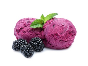 Photo of Delicious blackberry sorbet, mint and fresh berries isolated on white