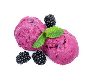 Photo of Delicious blackberry sorbet, mint and fresh berries isolated on white, top view