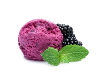 Delicious blackberry sorbet, mint and fresh berries isolated on white