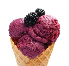 Wafer cone with delicious blackberry sorbet isolated on white