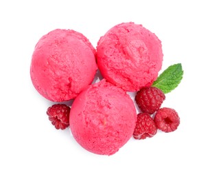 Photo of Delicious raspberry sorbet, mint and fresh berries isolated on white, top view