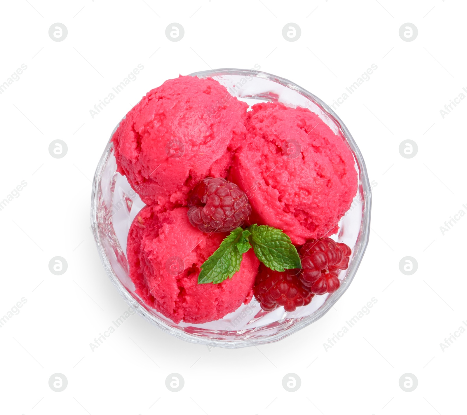 Photo of Delicious raspberry sorbet, mint and fresh berries isolated on white, top view