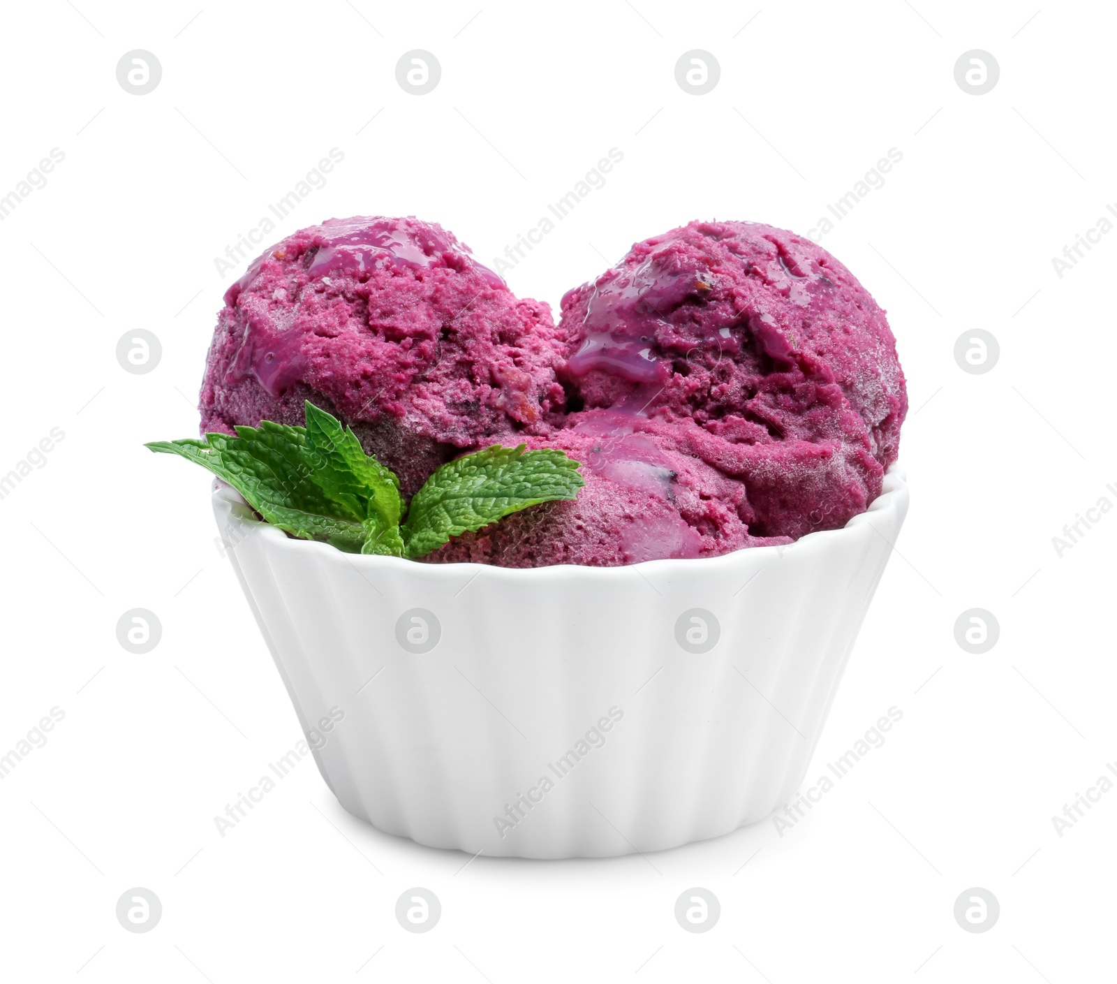 Photo of Delicious sorbet and mint in bowl isolated on white