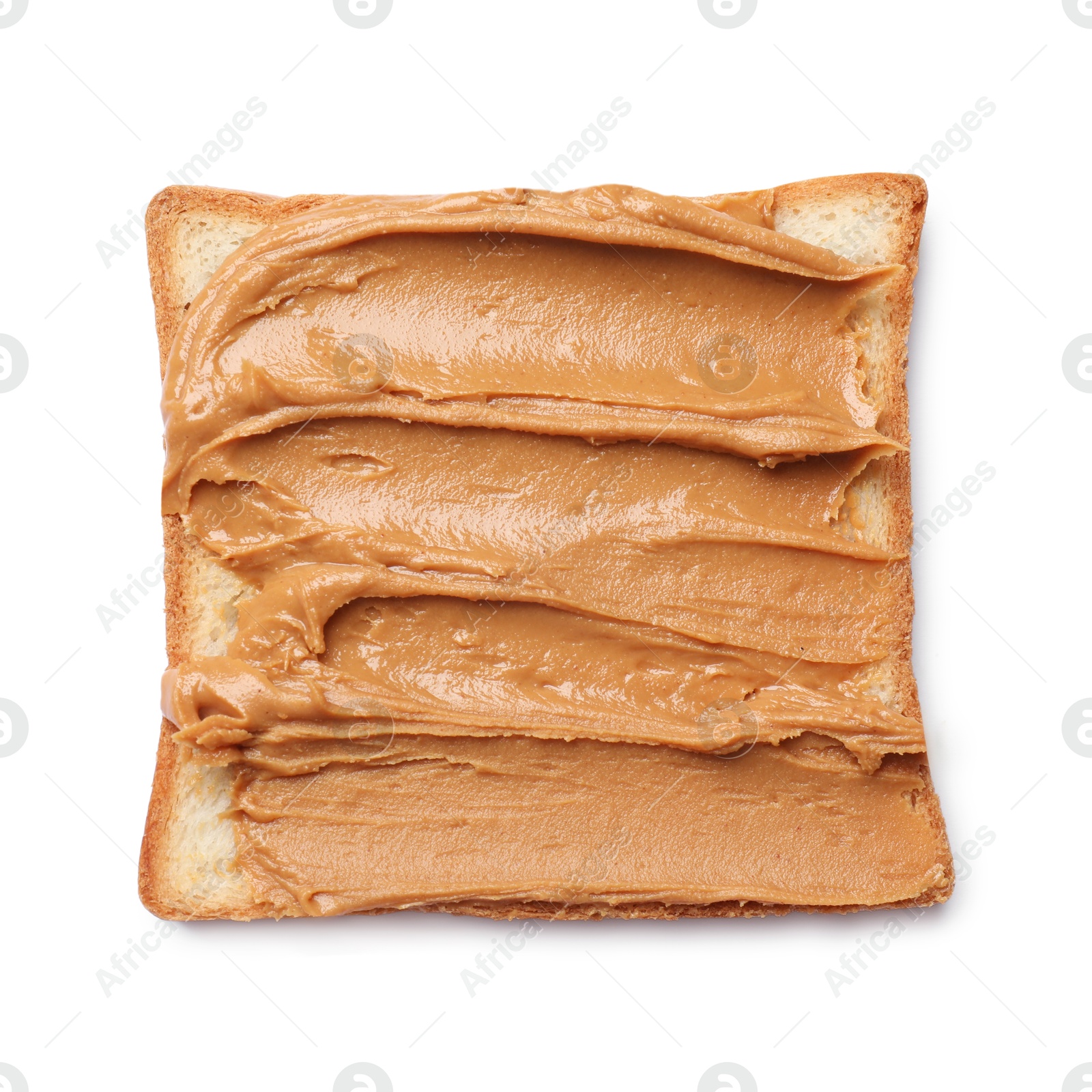 Photo of Delicious sandwich with peanut butter isolated white, top view