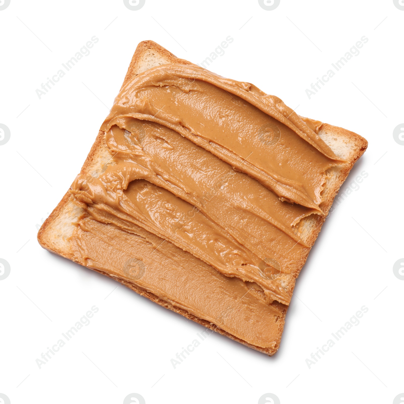 Photo of Delicious sandwich with peanut butter isolated white, top view