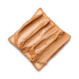 Photo of Delicious sandwich with peanut butter isolated white, top view