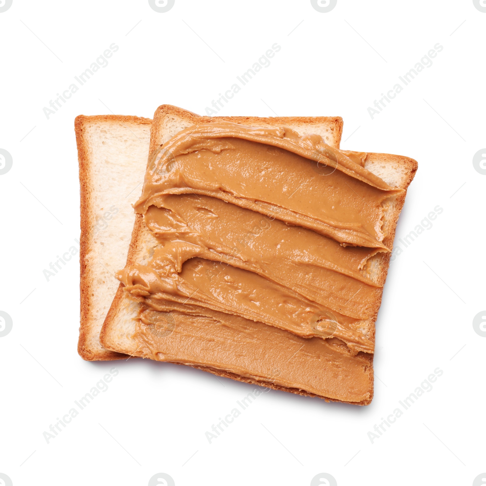 Photo of Delicious sandwich with peanut butter isolated white, top view