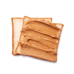 Photo of Delicious sandwich with peanut butter isolated white, top view