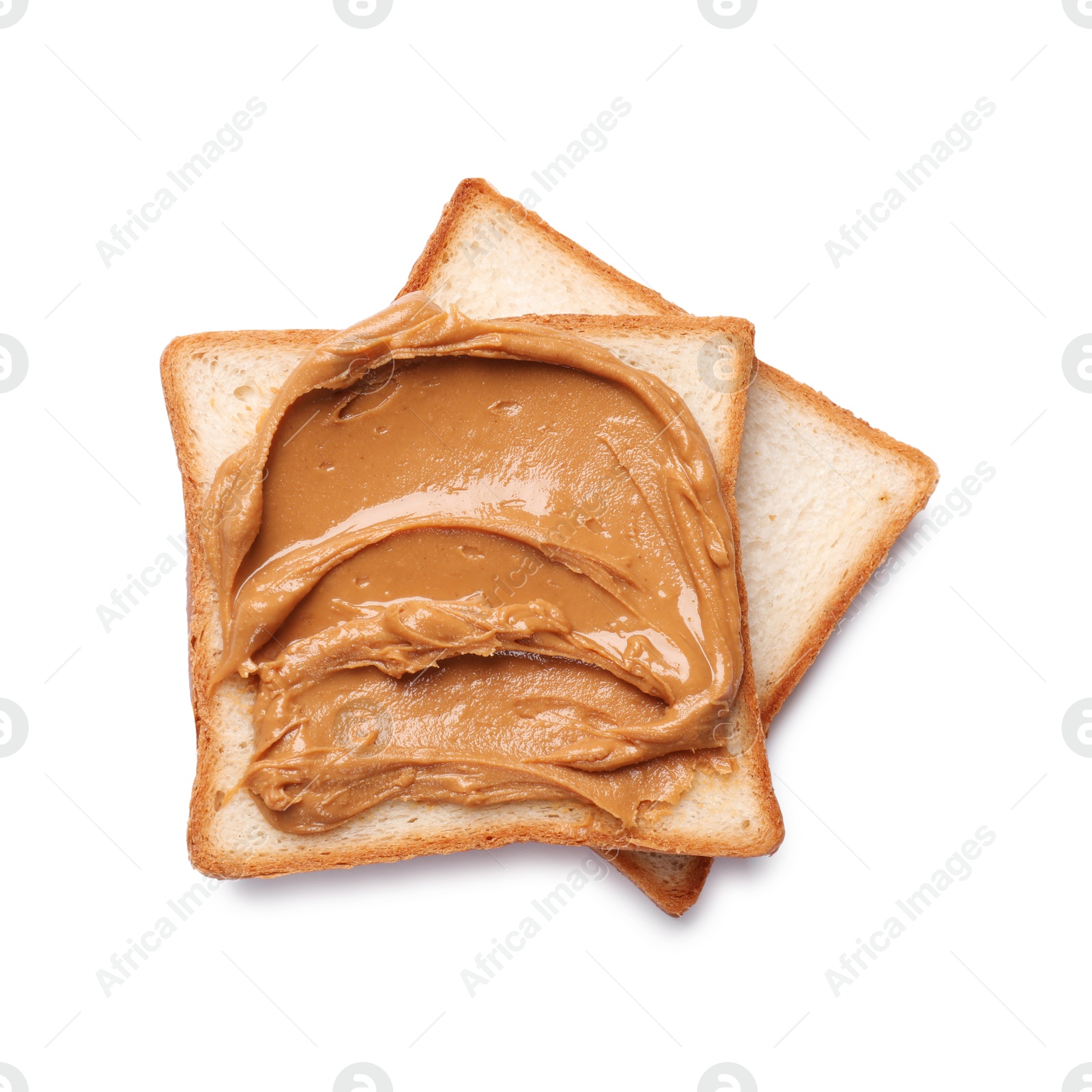 Photo of Delicious sandwich with peanut butter isolated white, top view