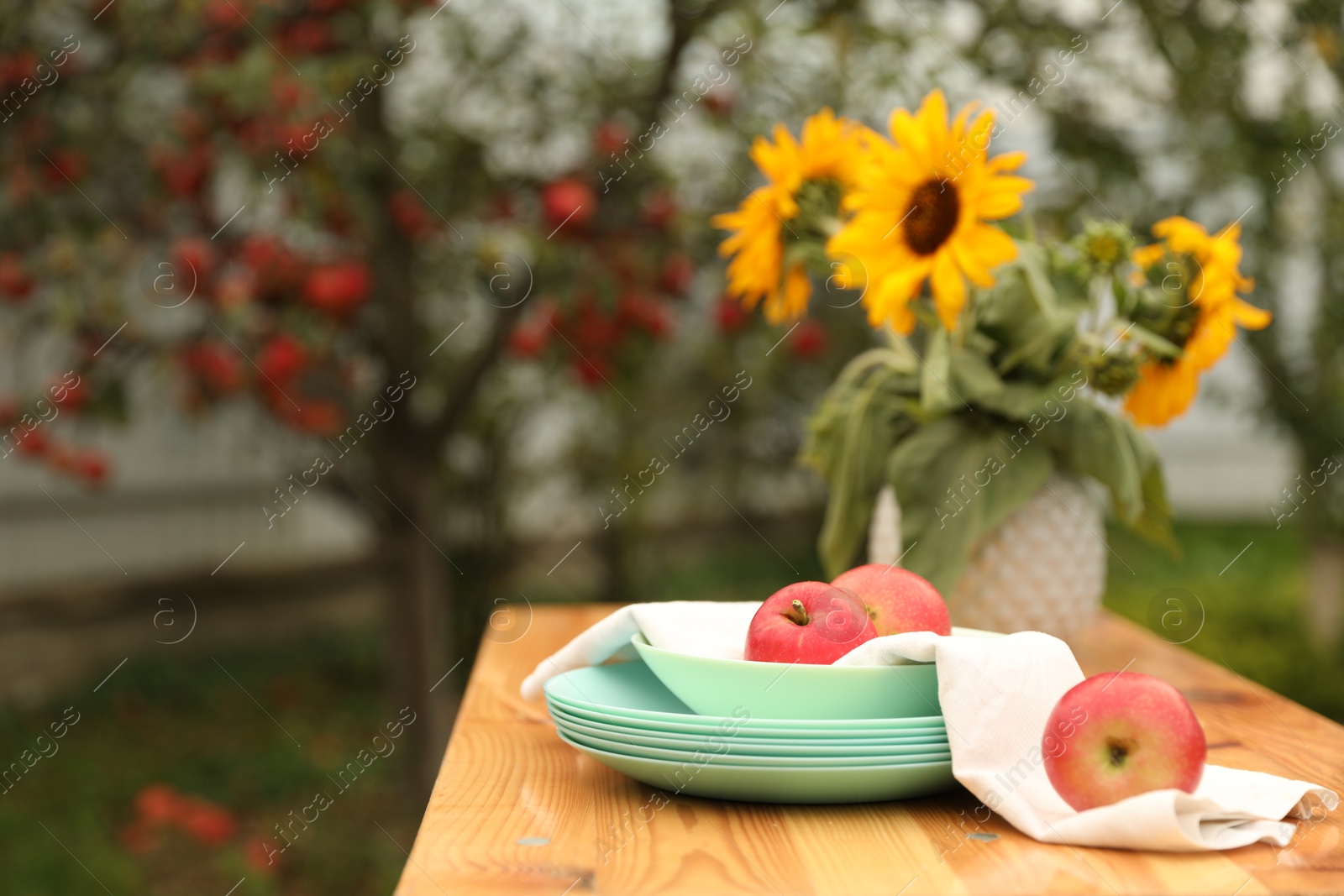 Photo of Apples and vase with sunflowers on wooden table in garden, selective focus