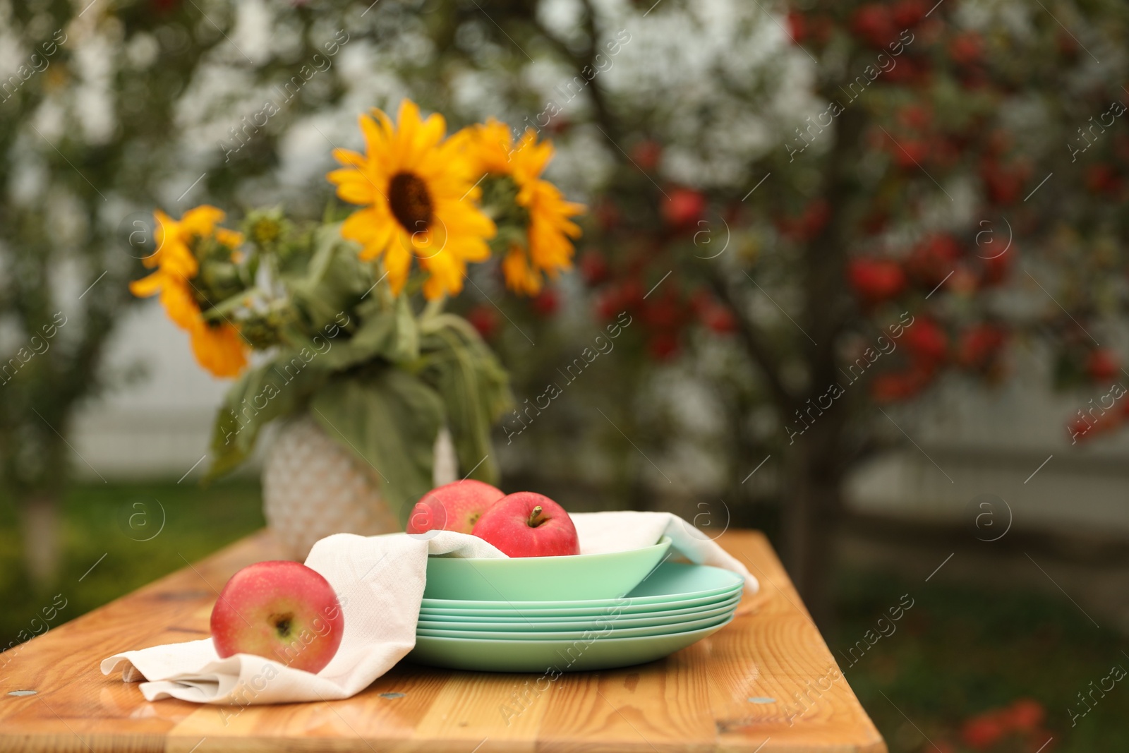 Photo of Apples and vase with sunflowers on wooden table in garden, selective focus