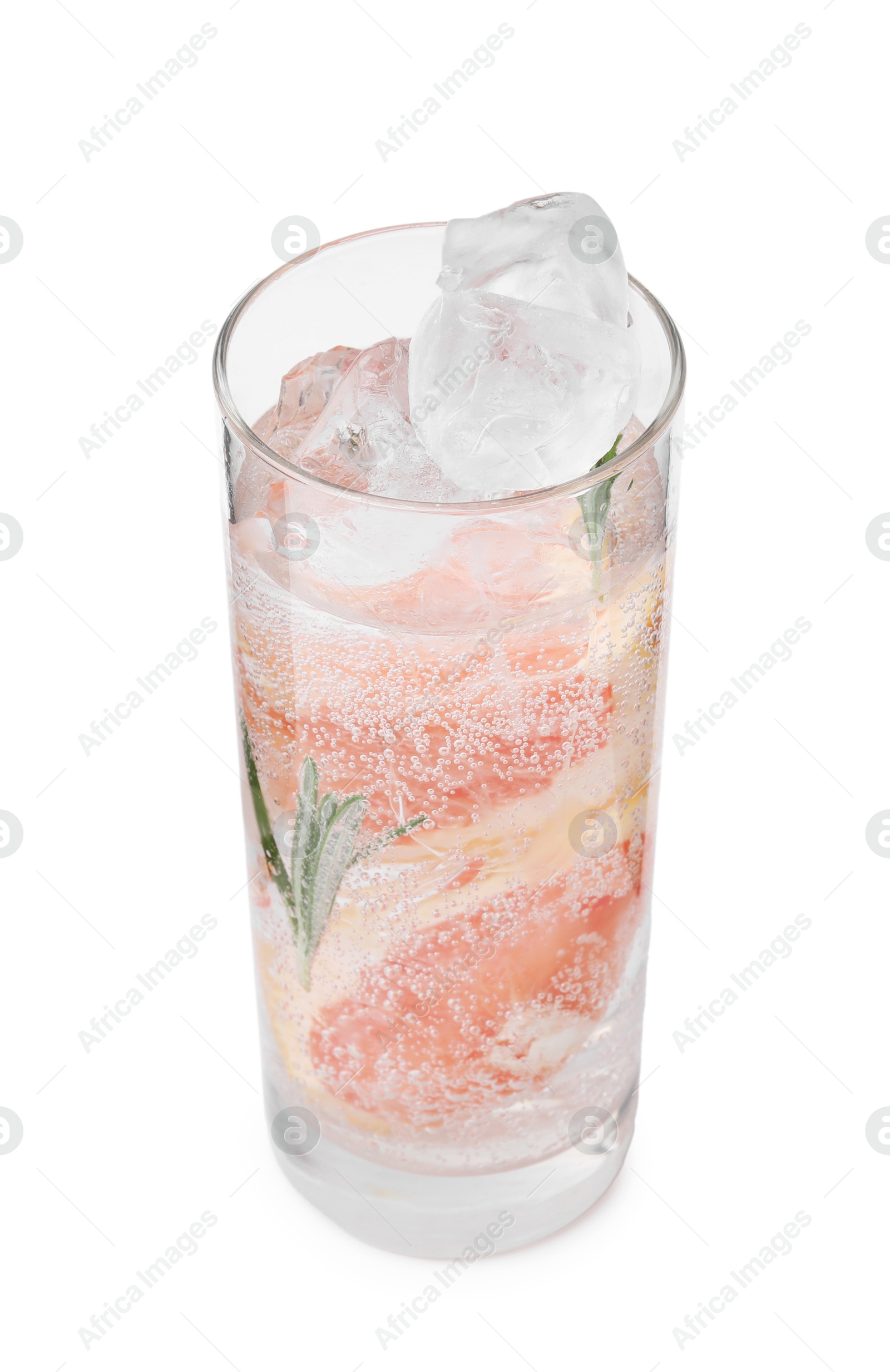 Photo of Refreshing water with grapefruit and rosemary in glass isolated on white