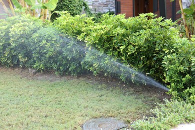 Photo of Automatic sprinkler watering green grass in garden