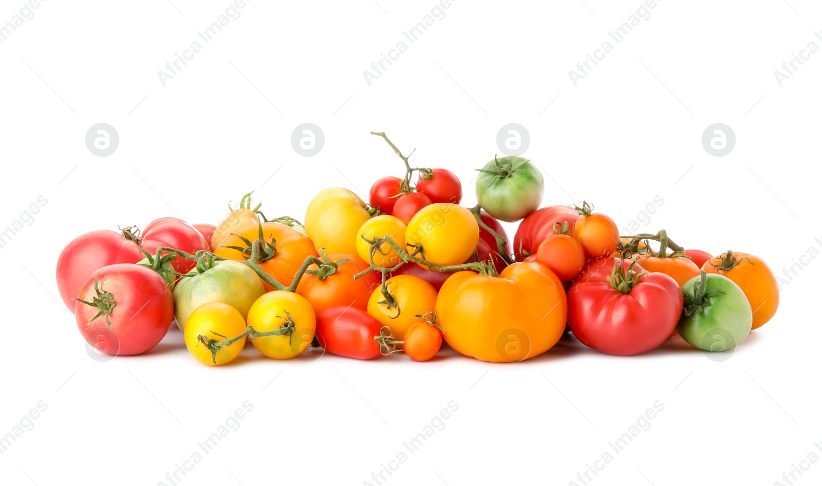 Photo of Different sorts of fresh ripe tomatoes isolated on white