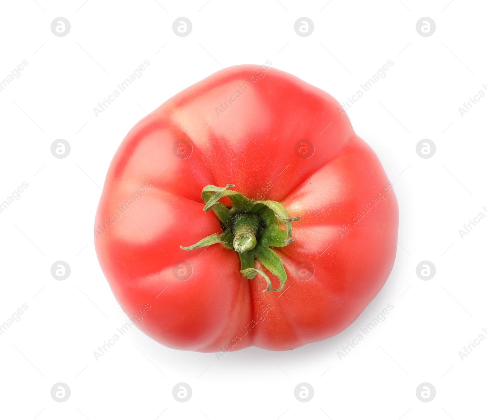 Photo of Fresh ripe pink tomato isolated on white, top view